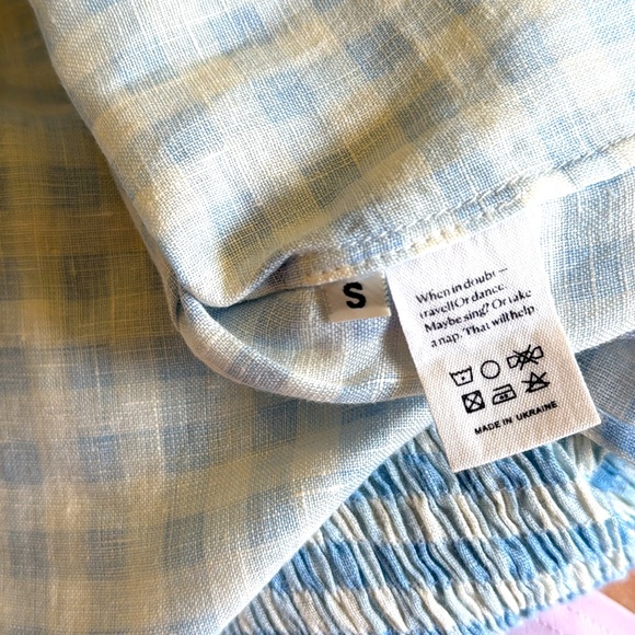 Sleeper- Atlanta Off-The-Shoulder Shirred Linen Midi Dress- Blue & White -Size:S - Picture 11 of 11